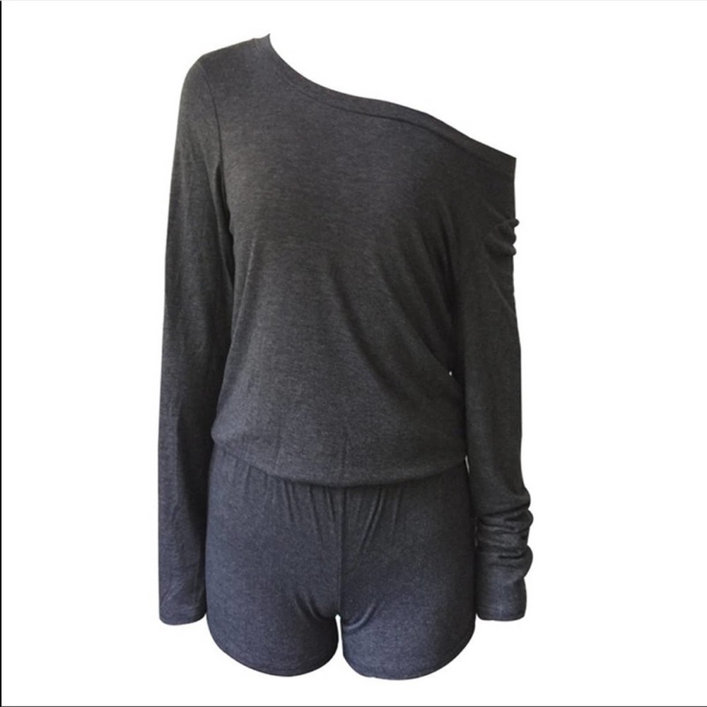 Gray Long Sleeve Single Shoulder Romper Jumper - Picture 2 of 6